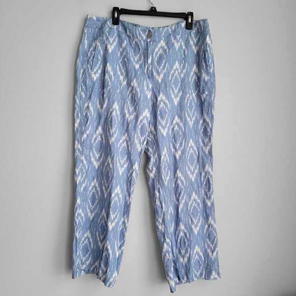 Chico's Ikat Blue White 100% Linen Tie Dye Abstract Print Wide Leg Pants - Picture 12 of 12